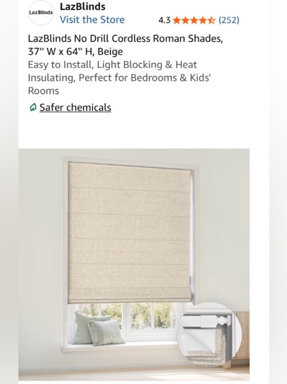 LIKE NEW LAZBlinds No Drill Cordless FABRIC Roman Shades Blinds MANY COLORS/SIZE